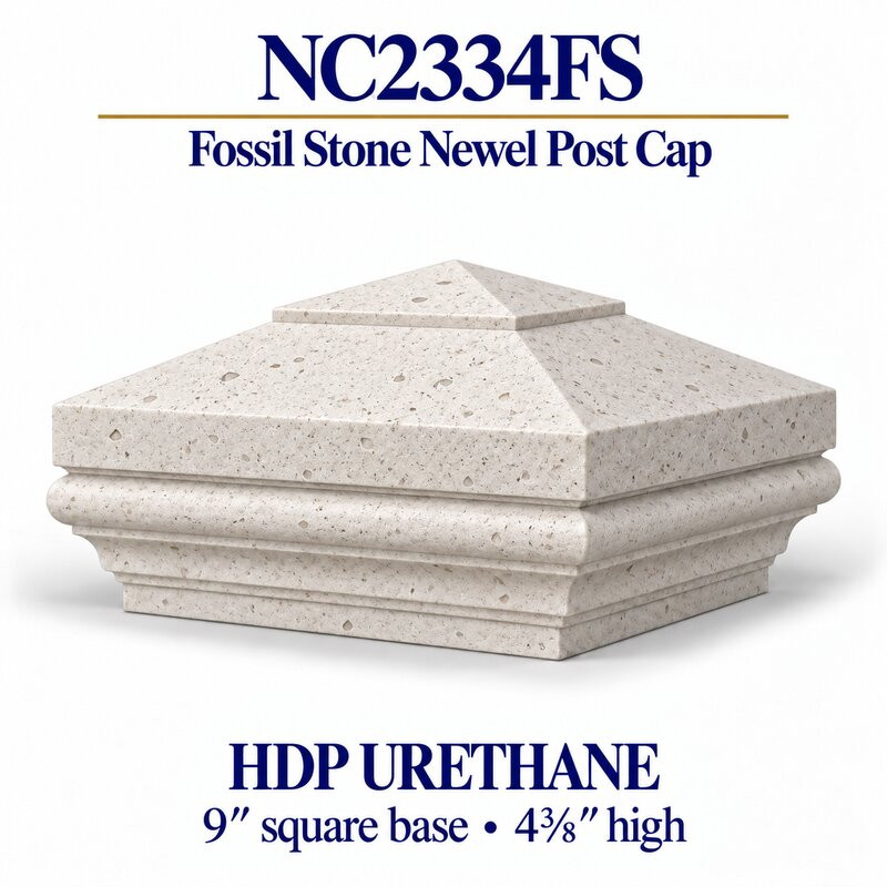 NC2334FS Fossil Stone Tiered Pyramid HDP Urethane Newel Cap – 9″ Base × 4⅜″ H