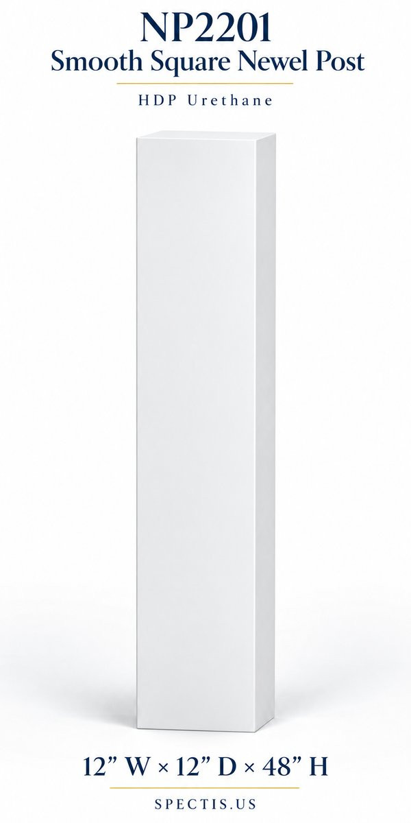 NP2201 Smooth Square Newel Post, 12″ W × 12″ D × 48″ H