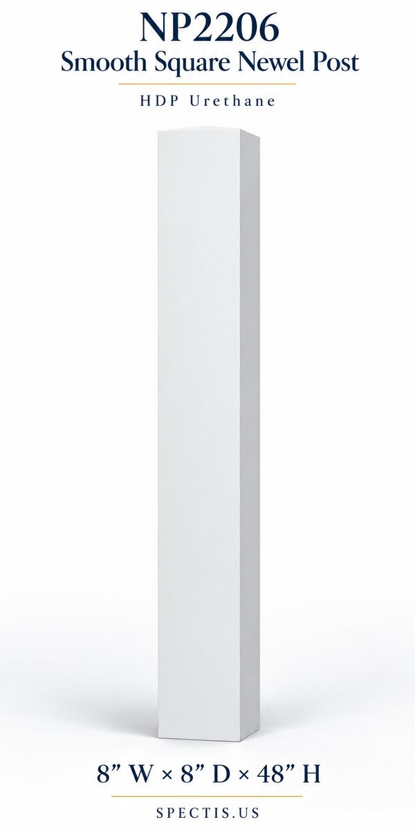 NP2206 Smooth Square Newel Post, 8″ W × 8″ D × 48″ H