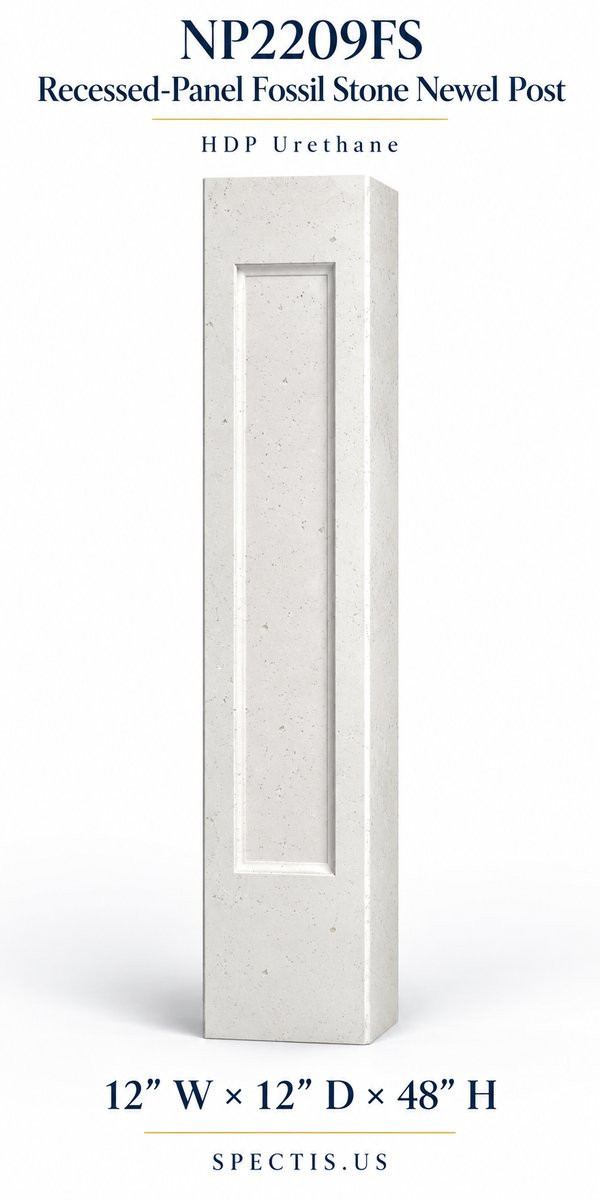 NP2209FS Recessed-Panel Fossil Stone Newel Post, 12″ W × 12″ D × 48″ H