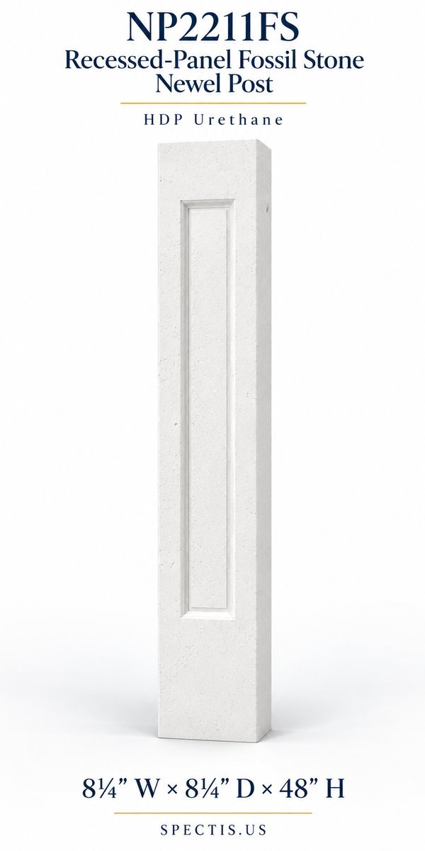 NP2211FS Recessed-Panel Fossil Stone Newel Post, 8¼″ W × 8¼″ D × 48″ H