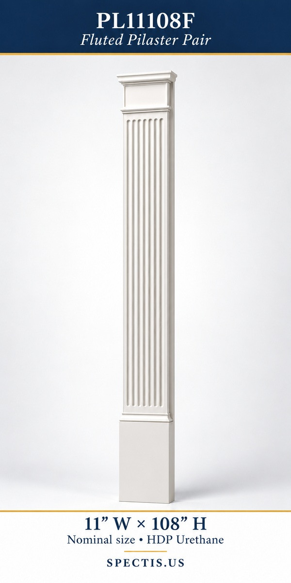 PL11108F white fluted HDP urethane pilaster pair, nominal 11 inches wide by 108 inches high