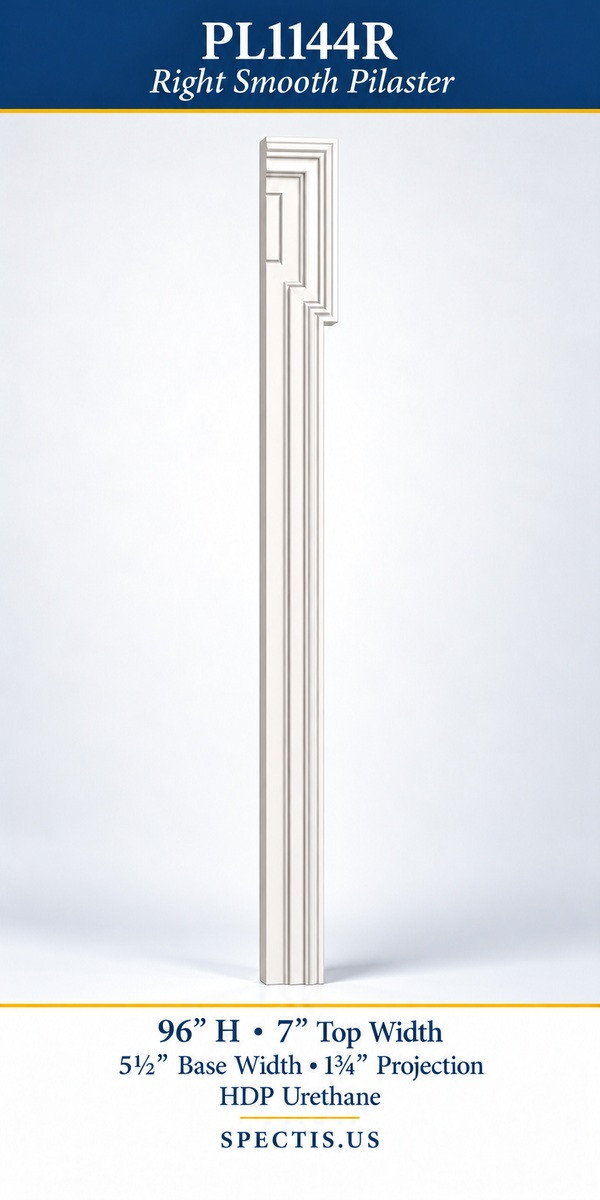 PL1144R right smooth white urethane pilaster with stepped upper profile