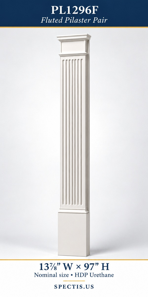 PL1296F white fluted urethane pilaster with moulded capital and plain plinth