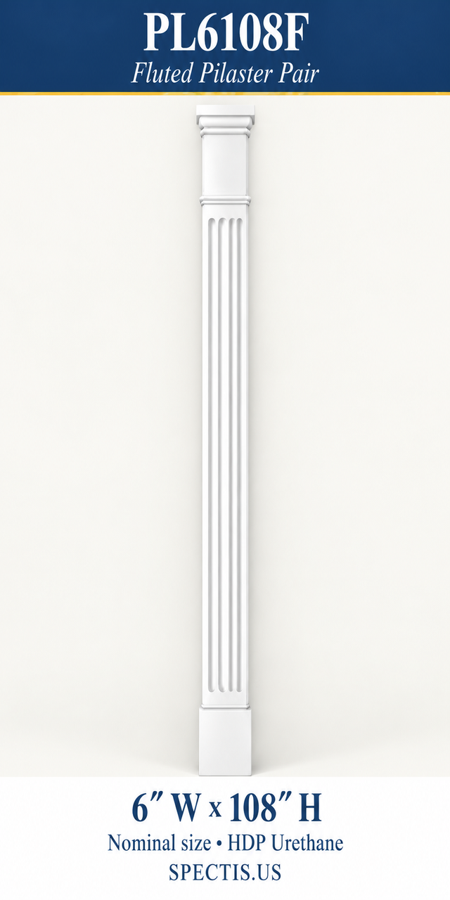 PL6108F Fluted Pilaster Pair 6″ W × 108″ H