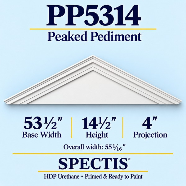 PP5314 Peaked Pediment in primed HDP urethane, 53 1/2 inch base width × 14 1/2 inch height × 4 inch projection