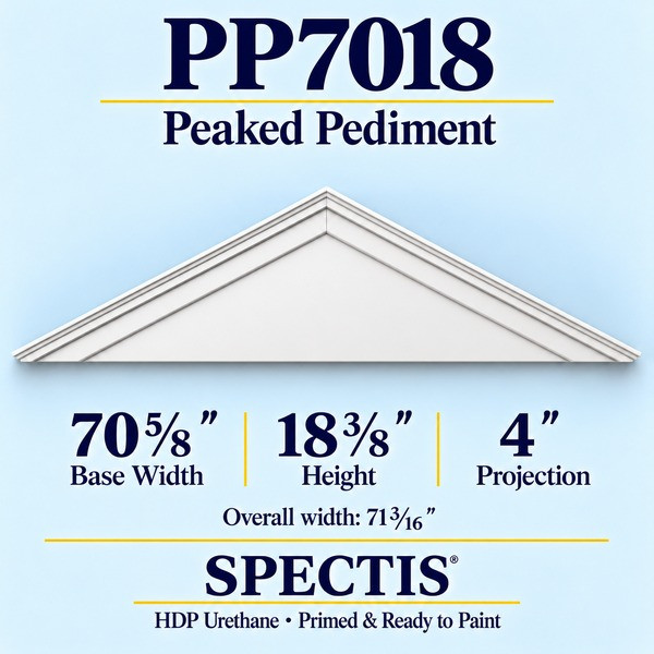 PP7018 Peaked Pediment in primed HDP urethane, 70 5/8 inch base width × 18 3/8 inch height × 4 inch projection