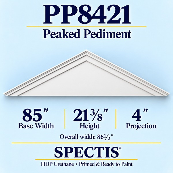 PP8421 Peaked Pediment in primed HDP urethane, 85 inch base width × 21 3/8 inch height × 4 inch projection