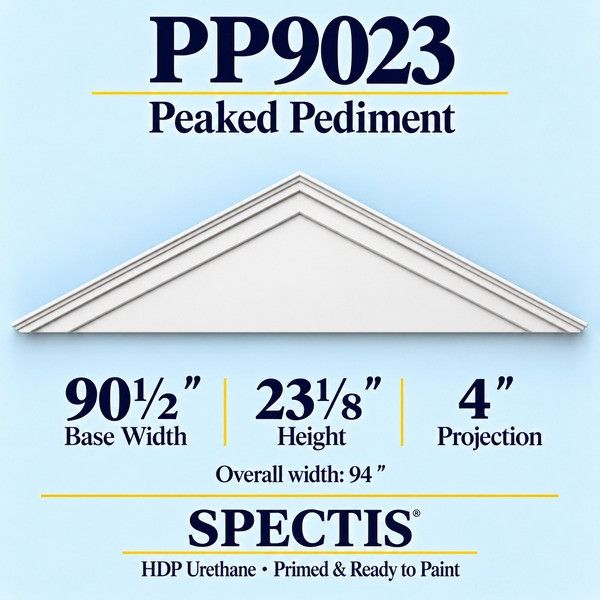 PP9023 Peaked Pediment in primed HDP urethane, 90 1/2 inch base width × 23 1/8 inch height × 4 inch projection