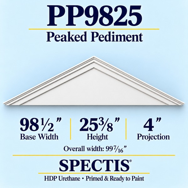PP9825 Peaked Pediment in primed HDP urethane, 98 1/2 inch base width × 25 3/8 inch height × 4 inch projection