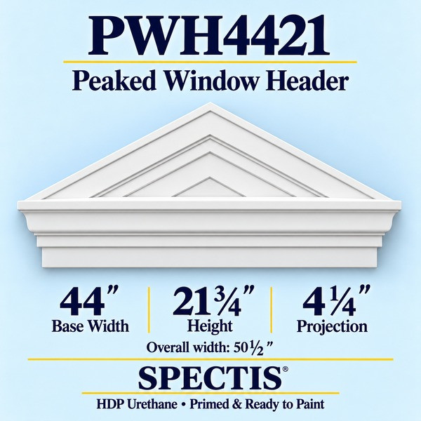 PWH4421 Peaked Window Header in primed HDP urethane, 44 inch base width × 21 3/4 inch height × 4 1/4 inch projection