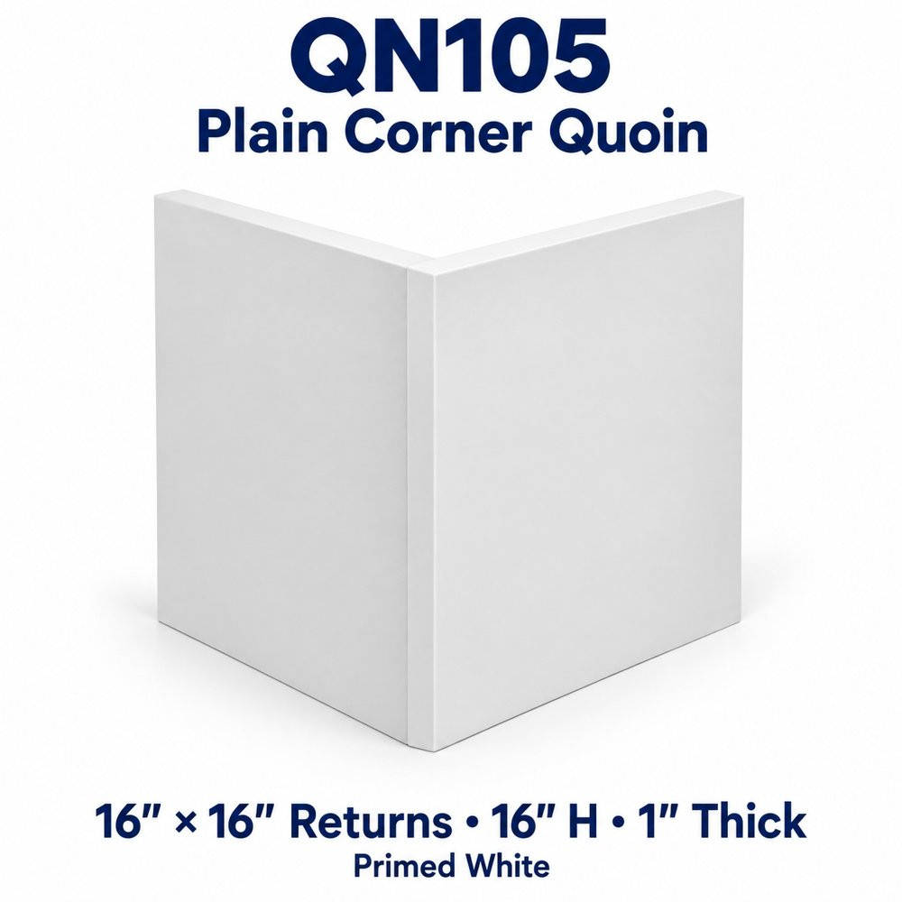 QN105 Plain Corner Quoin; 16″ × 16″ Returns · 16″ H · 1″ Thick; primed white