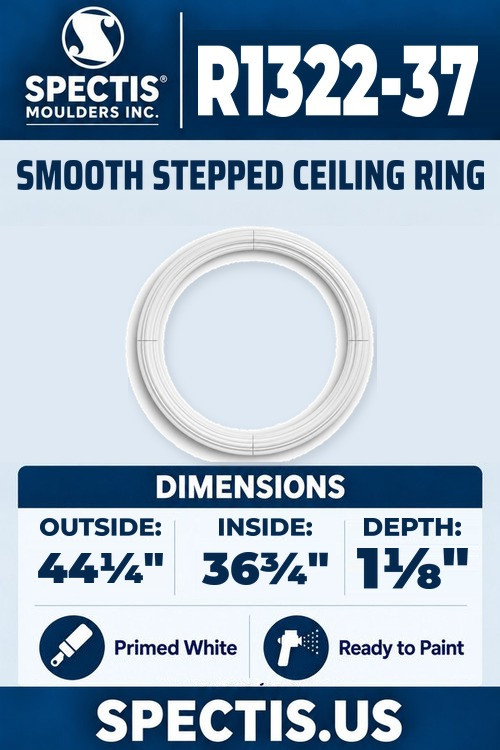 Spectis R1322-37 smooth stepped ceiling ring, 44 1/4 inch outside, 36 3/4 inch inside diameter, 1 1/8 inch depth, primed polyurethane