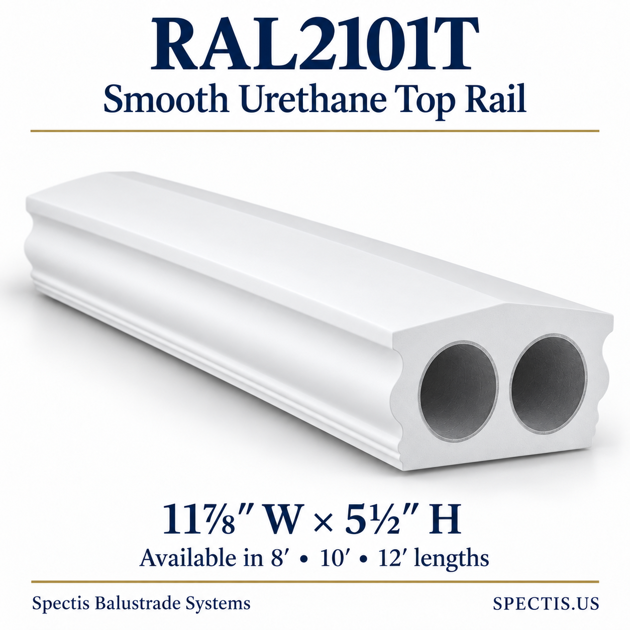 RAL2101T Spectis Smooth Urethane Top Rail — 11⅞ inches wide by 5½ inches high