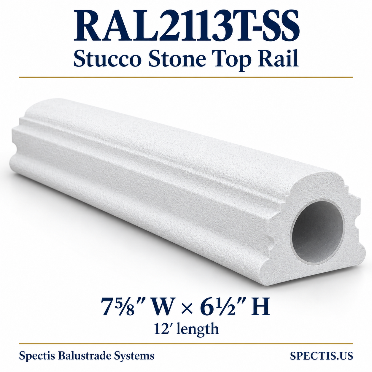 RAL2113T-SS Spectis Stucco Stone Urethane Top Rail — 7⅝ inches wide by 6½ inches high