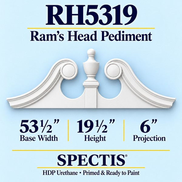 RH5319 Ram’s Head Pediment in primed HDP urethane, 53 1/2 inch base width × 19 1/2 inch height × 6 inch projection