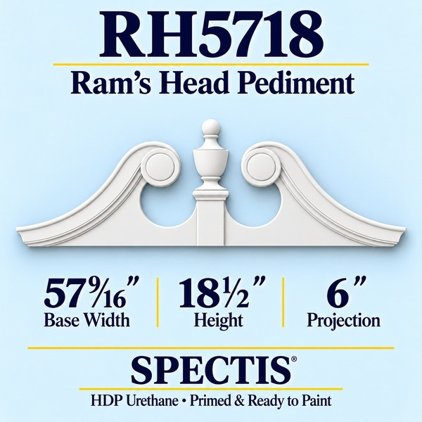 RH5718 Ram’s Head Pediment in primed HDP urethane, 57 9/16 inch base width × 18 1/2 inch height × 6 inch projection