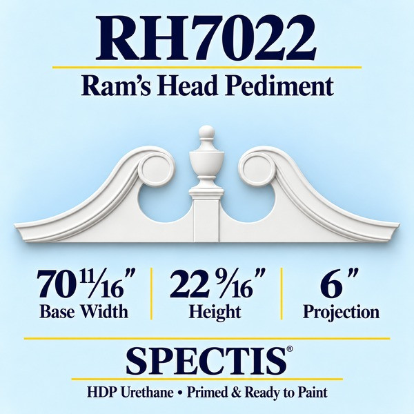 RH7022 Ram’s Head Pediment in primed HDP urethane, 70 11/16 inch base width × 22 9/16 inch height × 6 inch projection