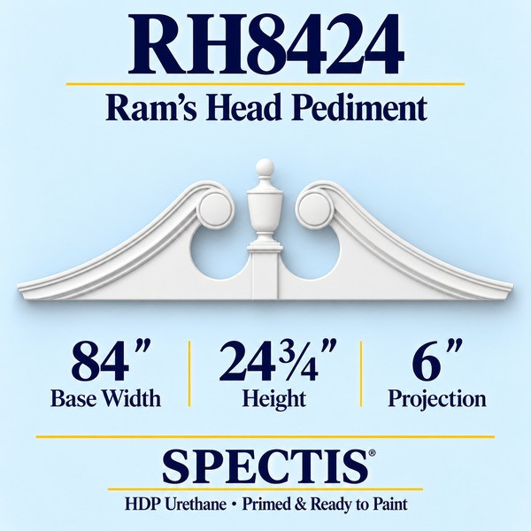 RH8424 Ram’s Head Pediment in primed HDP urethane, 84 inch base width × 24 3/4 inch height × 6 inch projection