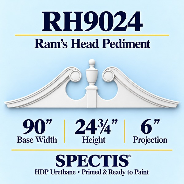 RH9024 Ram’s Head Pediment in primed HDP urethane, 90 inch base width × 24 3/4 inch height × 6 inch projection