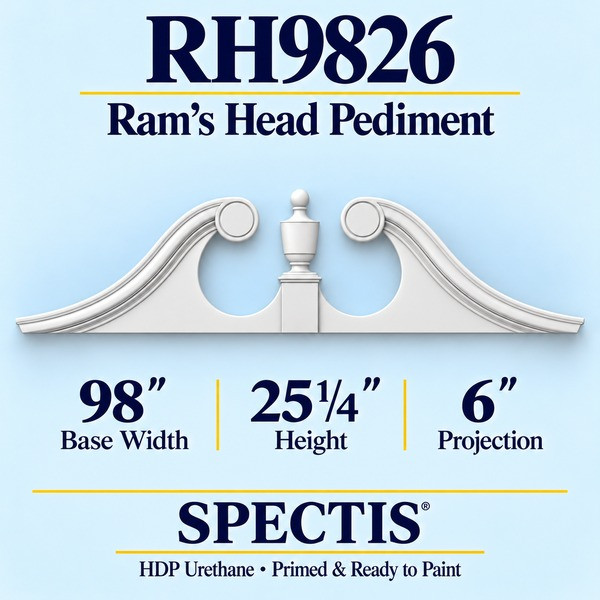 RH9826 Ram’s Head Pediment in primed HDP urethane, 98 inch base width × 25 1/4 inch height × 6 inch projection