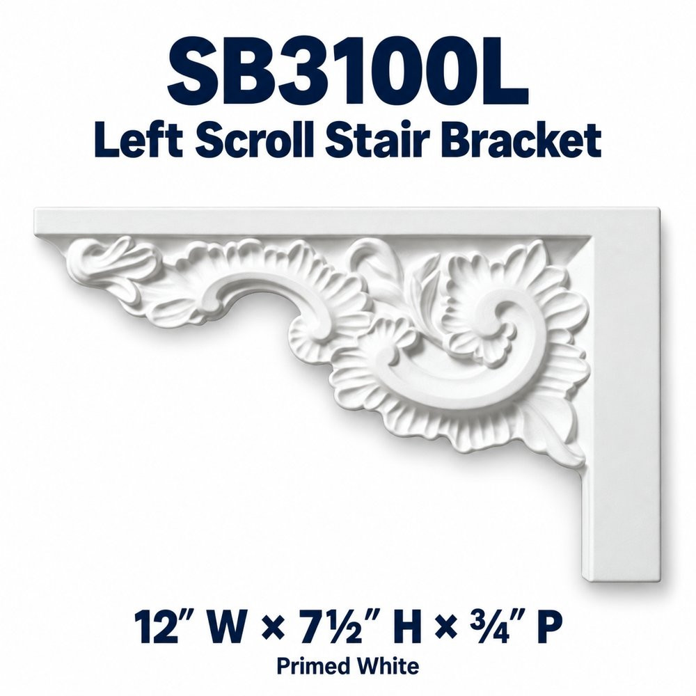SB3100L Left Scroll Stair Bracket; 12″ W × 7½″ H × ¾″ P; primed white
