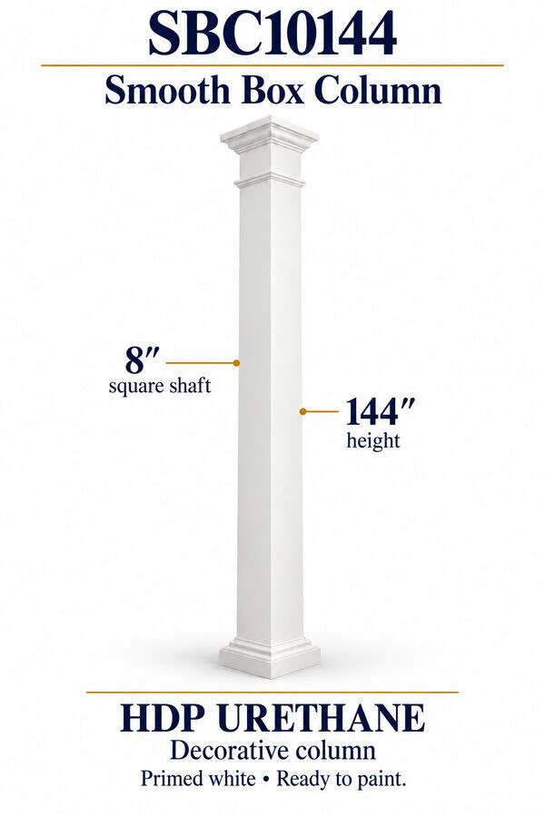 SBC10144 Smooth Decorative Box Column – 8″ square shaft × 144″ height