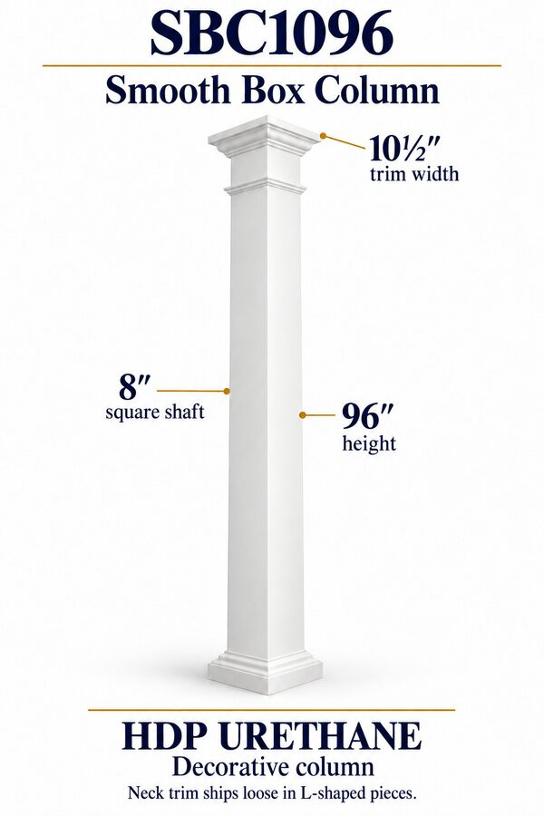 SBC1096 smooth decorative box column, 8 inch square shaft with 10 and a half inch trim.