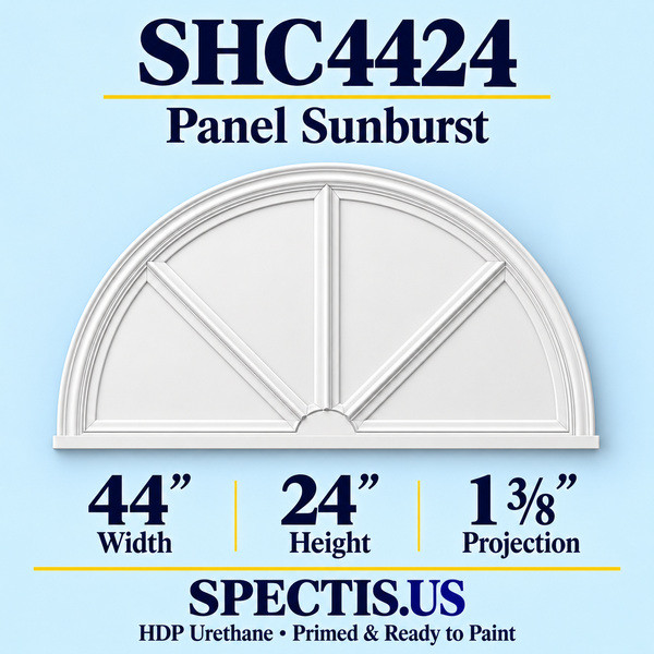 SHC4424 Panel Sunburst in primed HDP urethane, 44 inch width, 24 inch height and 1 3/8 inch projection