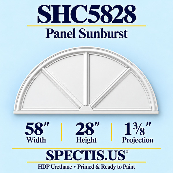 SHC5828 Panel Sunburst in primed HDP urethane, 58 inch width, 28 inch height and 1 3/8 inch projection