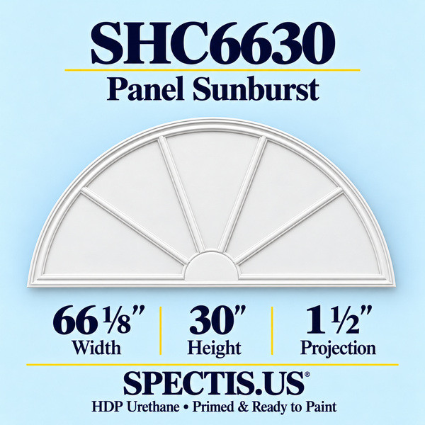 SHC6630 Panel Sunburst in primed HDP urethane, 66 1/8 inch width, 30 inch height and 1 1/2 inch projection