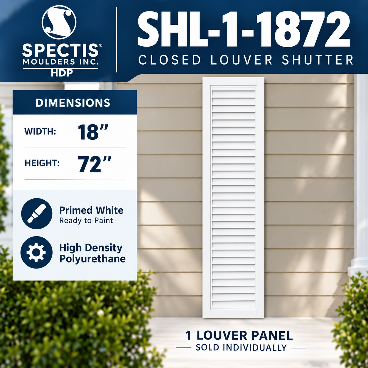 SHL-1 1872 1 Panel Closed Louver Polyurethane Shutter - 18 x 72 (Each)