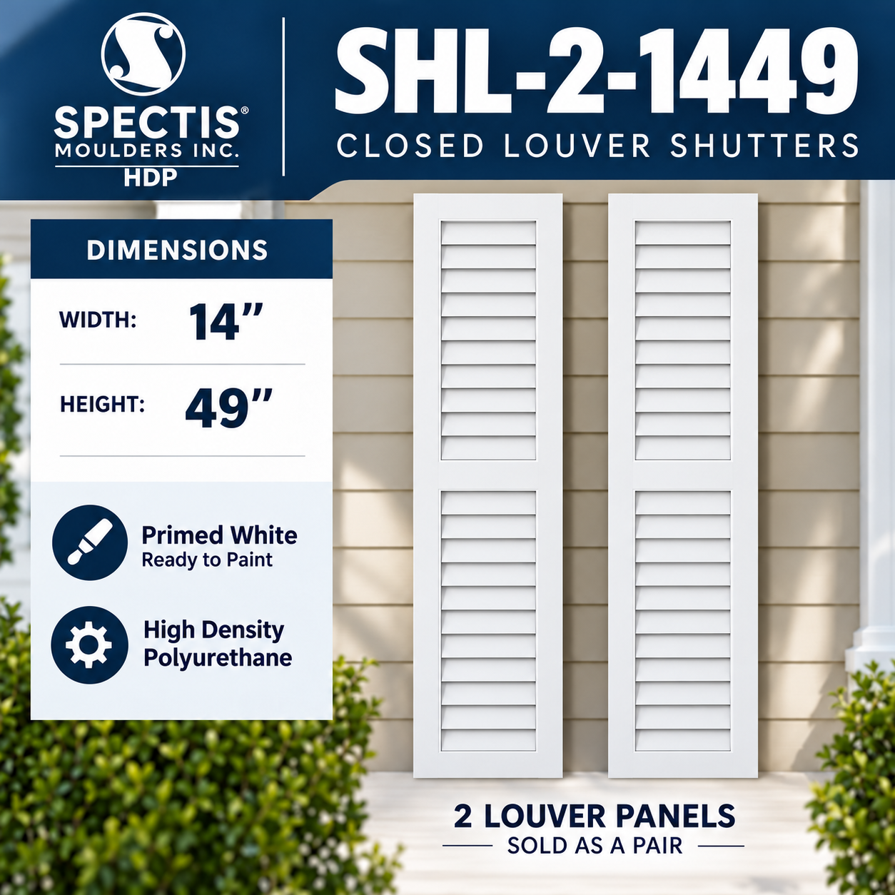 SHL-2 1449 2 Panel Closed Louver Polyurethane Shutters - 14 x 49 (Pair)