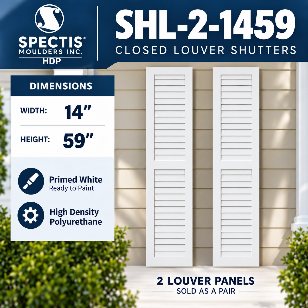 SHL-2 1459 2 Panel Closed Louver Polyurethane Shutters - 14 x 59 (Pair)