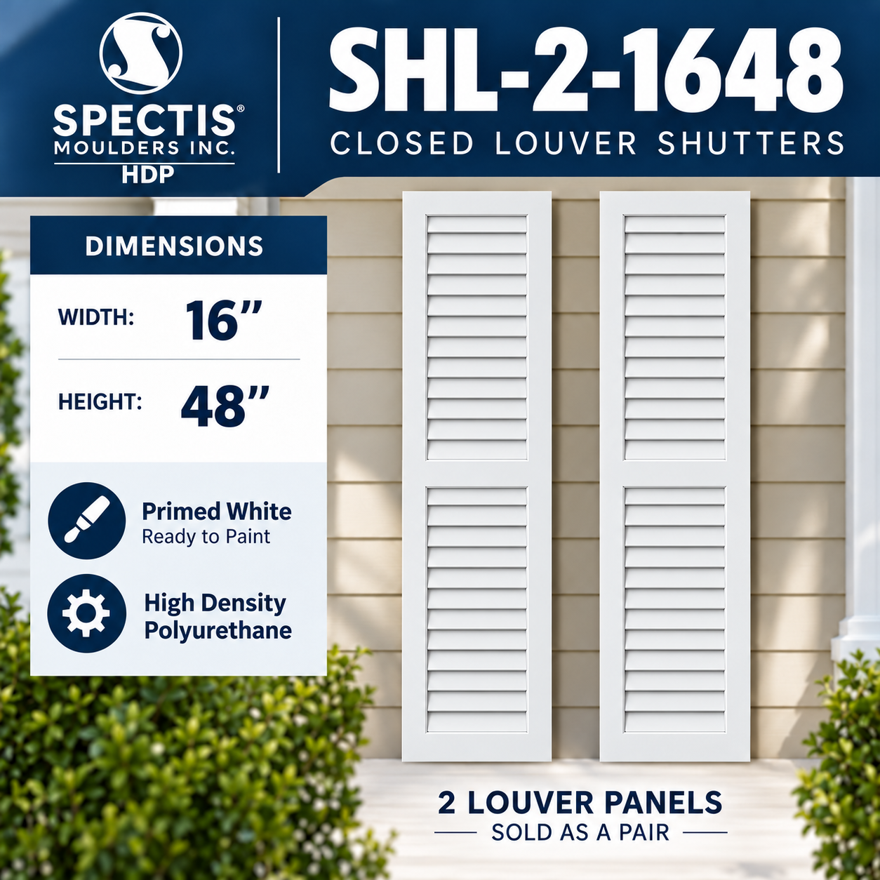 SHL-2 1648 2 Panel Closed Louver Polyurethane Shutters - 16 x 48 (Pair)