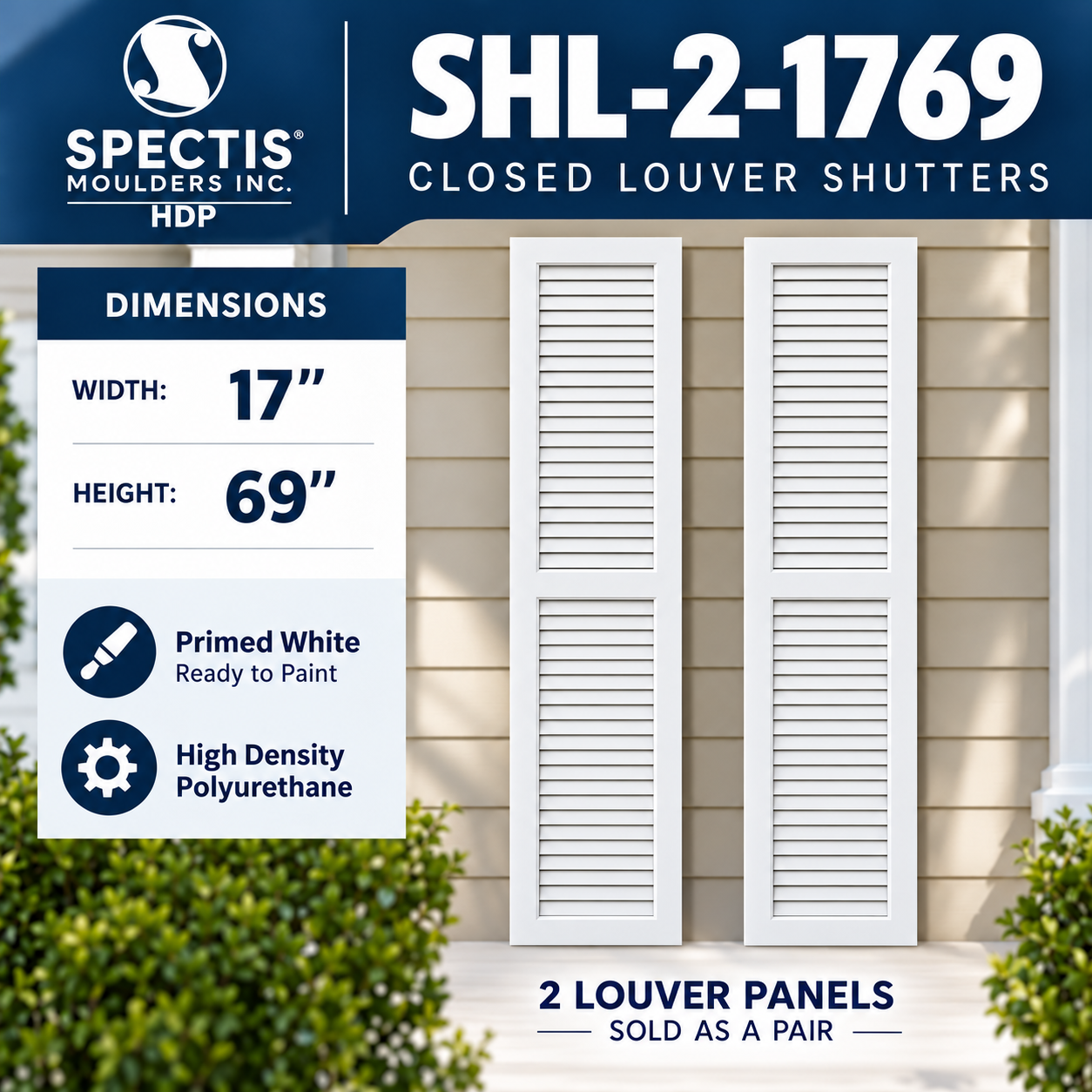 SHL-2 1769 2 Panel Closed Louver Polyurethane Shutters - 17 x 69 (Pair)