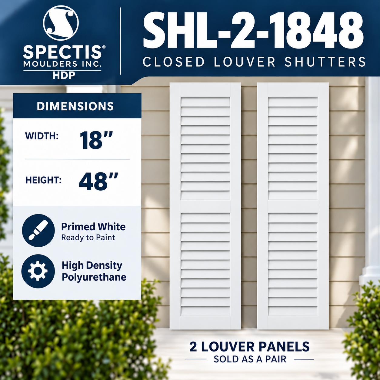 SHL-2 1848 2 Panel Closed Louver Polyurethane Shutters - 18 x 48 (Pair)