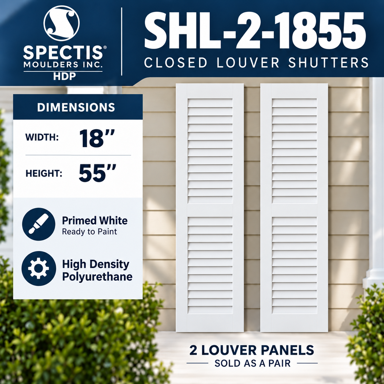 SHL-2 1855 2 Panel Closed Louver Polyurethane Shutters - 18 x 55 (Pair)