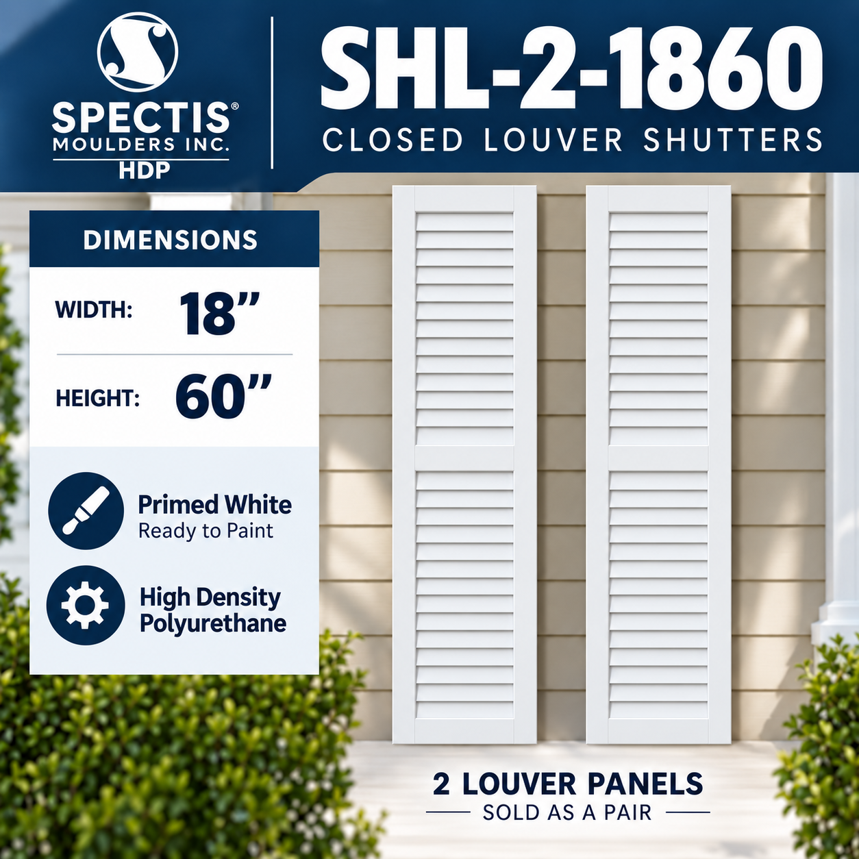SHL-2 1860 2 Panel Closed Louver Polyurethane Shutters - 18 x 60 (Pair)