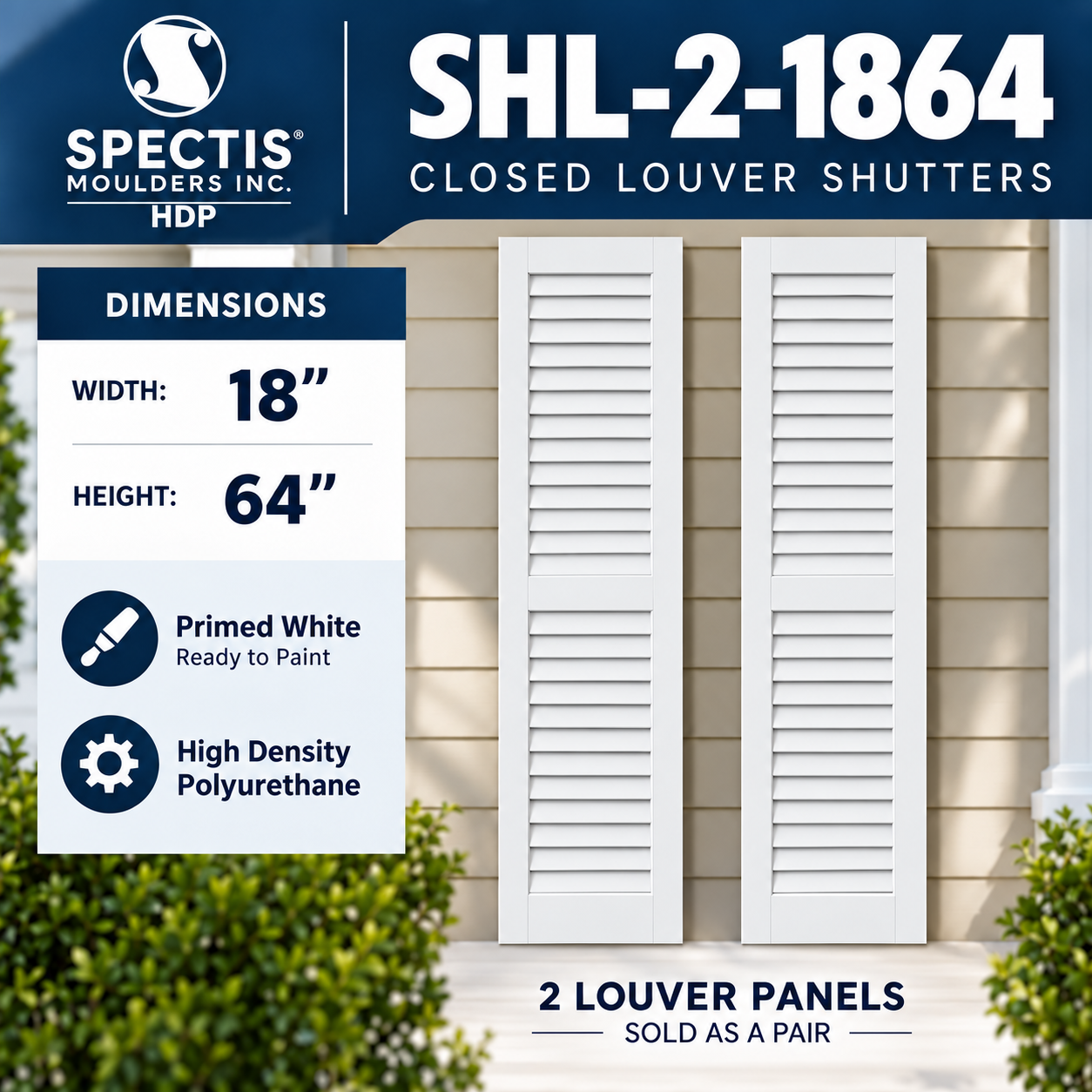 SHL-2 1864 2 Panel Closed Louver Polyurethane Shutters - 18 x 64 (Pair)
