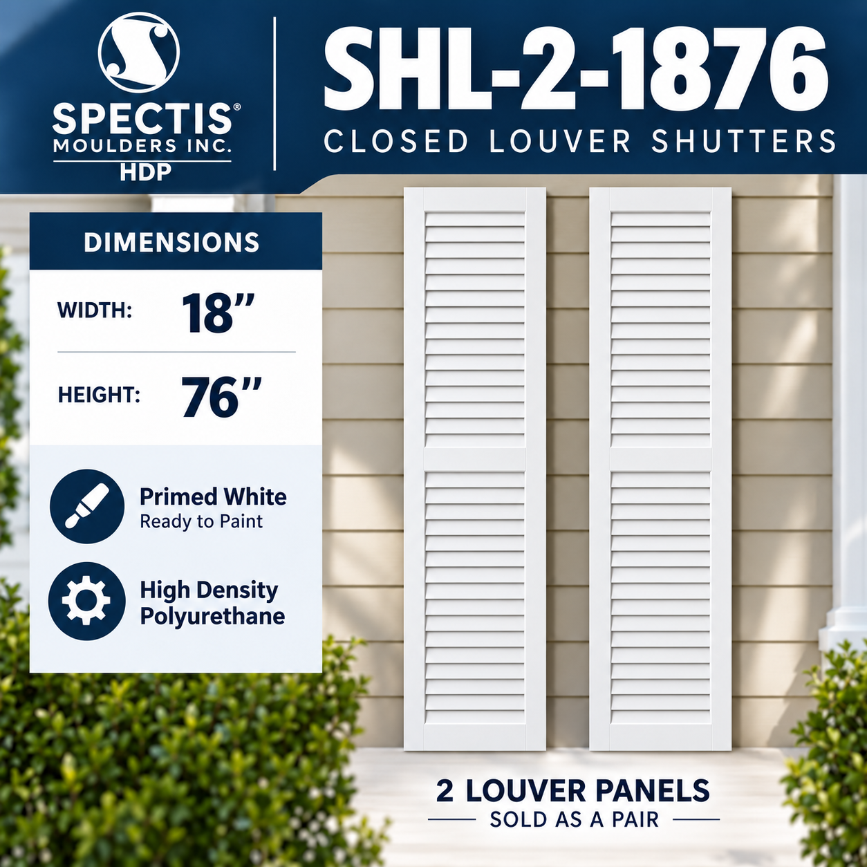SHL-2 1876 2 Panel Closed Louver Polyurethane Shutters - 18 x 76 (Pair)