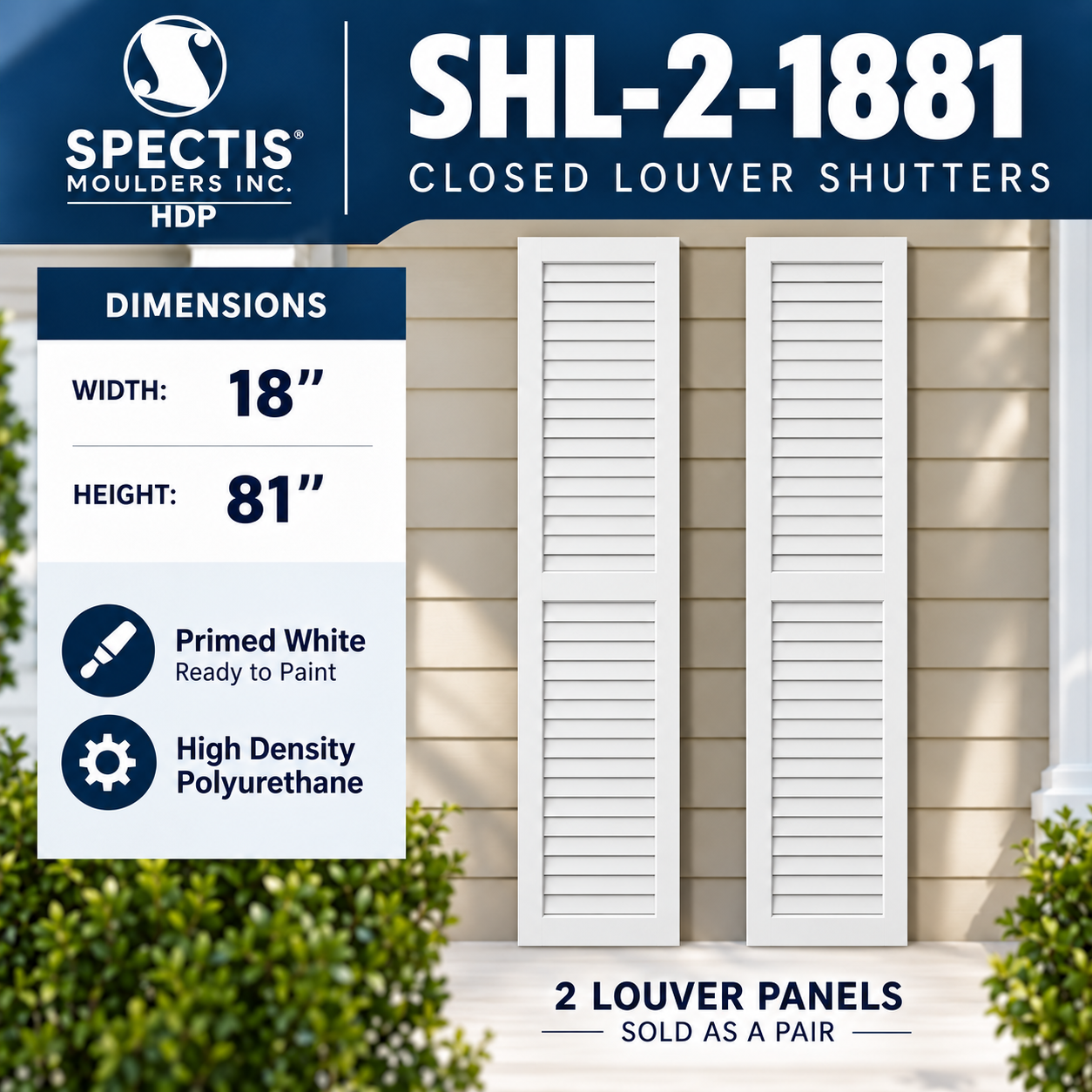 SHL-2 1881 2 Panel Closed Louver Polyurethane Shutters - 18 x 81 (Pair)