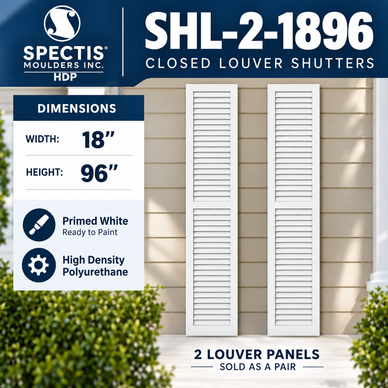 SHL-2 1896 2 Panel Closed Louver Polyurethane Shutters - 18 x 96 (Pair)