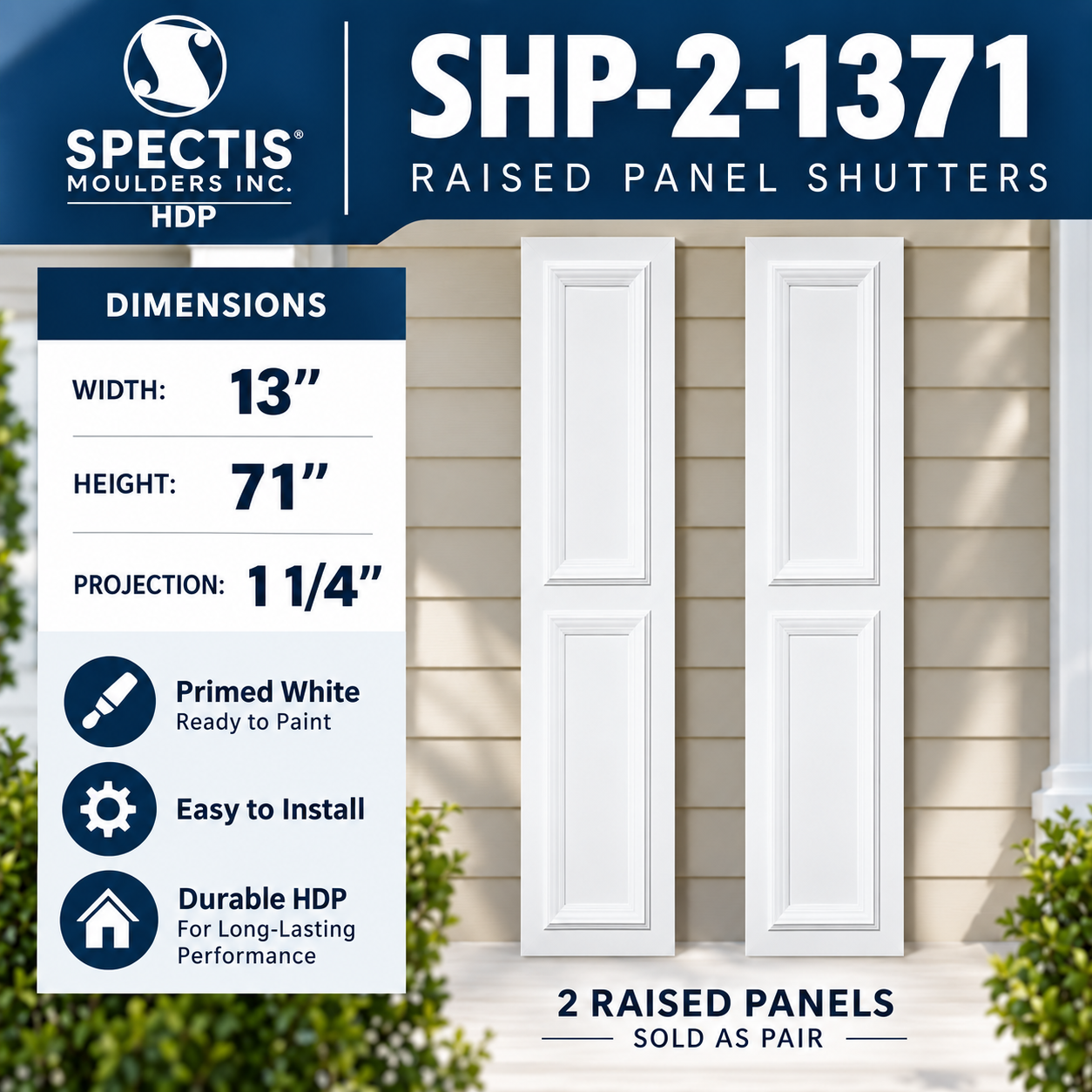 SHP-2 1371 two raised panel shutter pair with dimensions, 13 in wide by 71 in tall