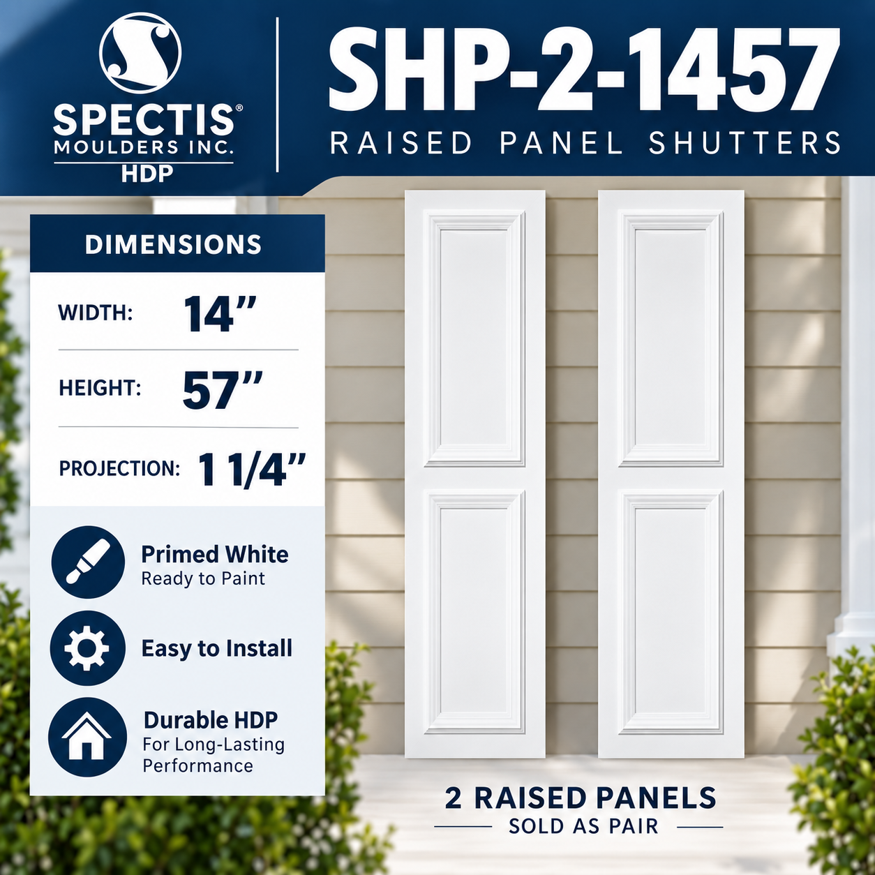 SHP-2 1457 two raised panel shutter pair with dimensions, 14 in wide by 57 in tall
