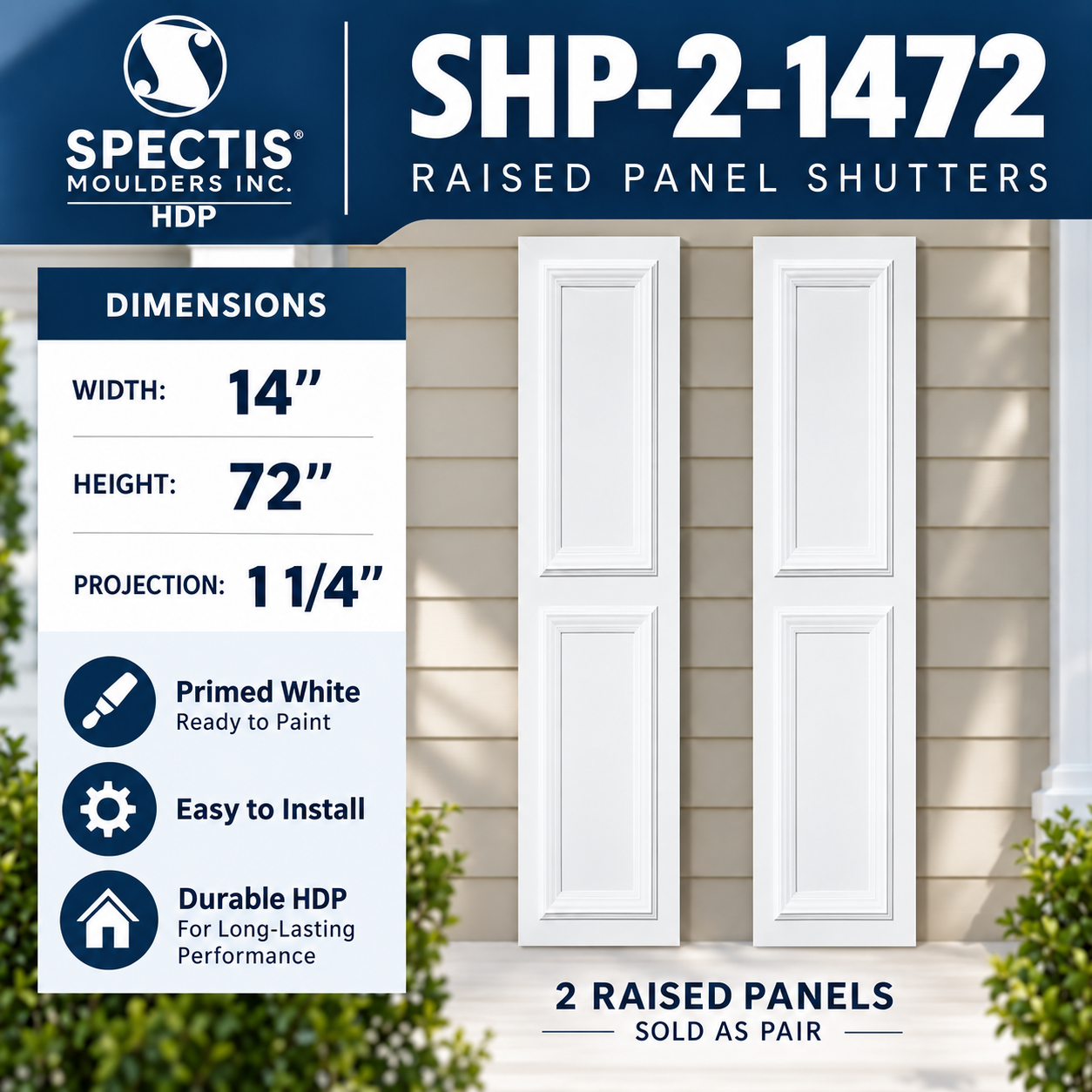 SHP-2 1472 two raised panel shutter pair with dimensions, 14 in wide by 72 in tall