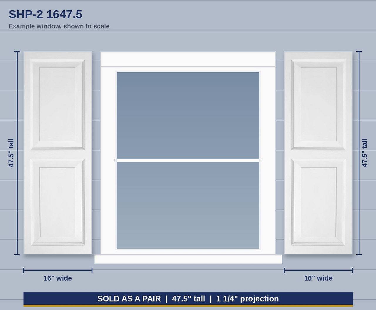 SHP-2 1647.5 shutter pair shown on an example window, 16 in wide by 47.5 in tall
