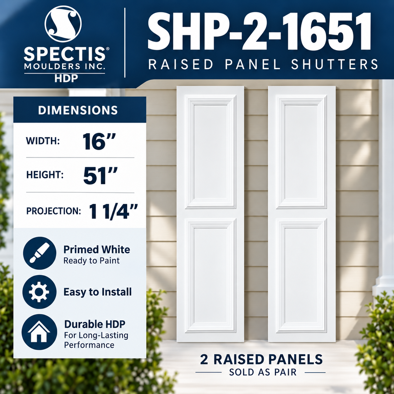 SHP-2 1651 two raised panel shutter pair with dimensions, 16 in wide by 51 in tall
