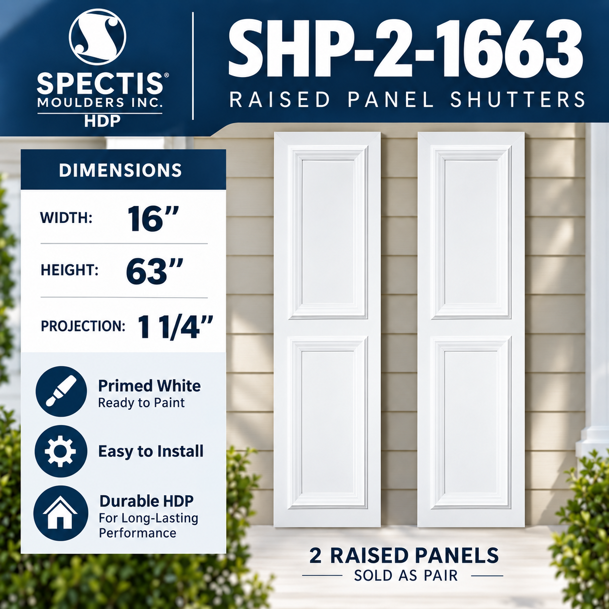 SHP-2 1663 two raised panel shutter pair with dimensions, 16 in wide by 63 in tall
