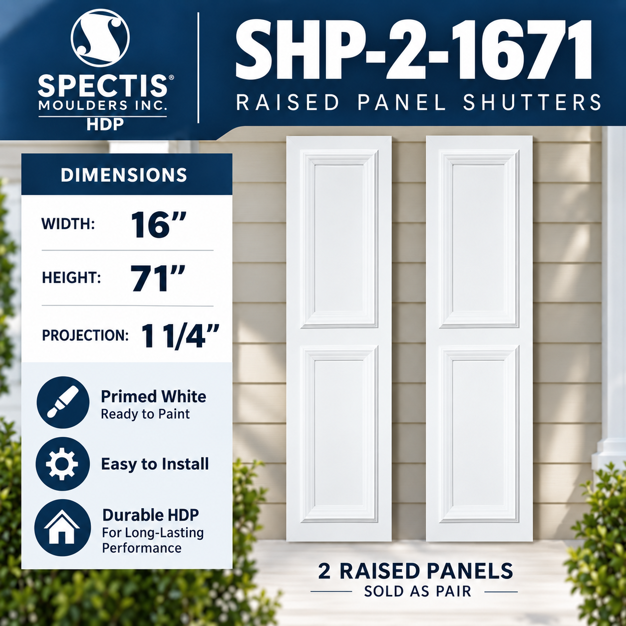 SHP-2 1671 two raised panel shutter pair with dimensions, 16 in wide by 71 in tall